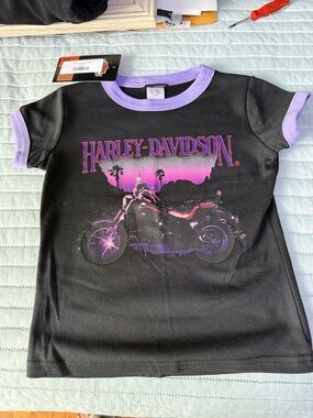 Harley-Davidson Black Tee with Purple Trim and Sunset Motorcycle Graphic